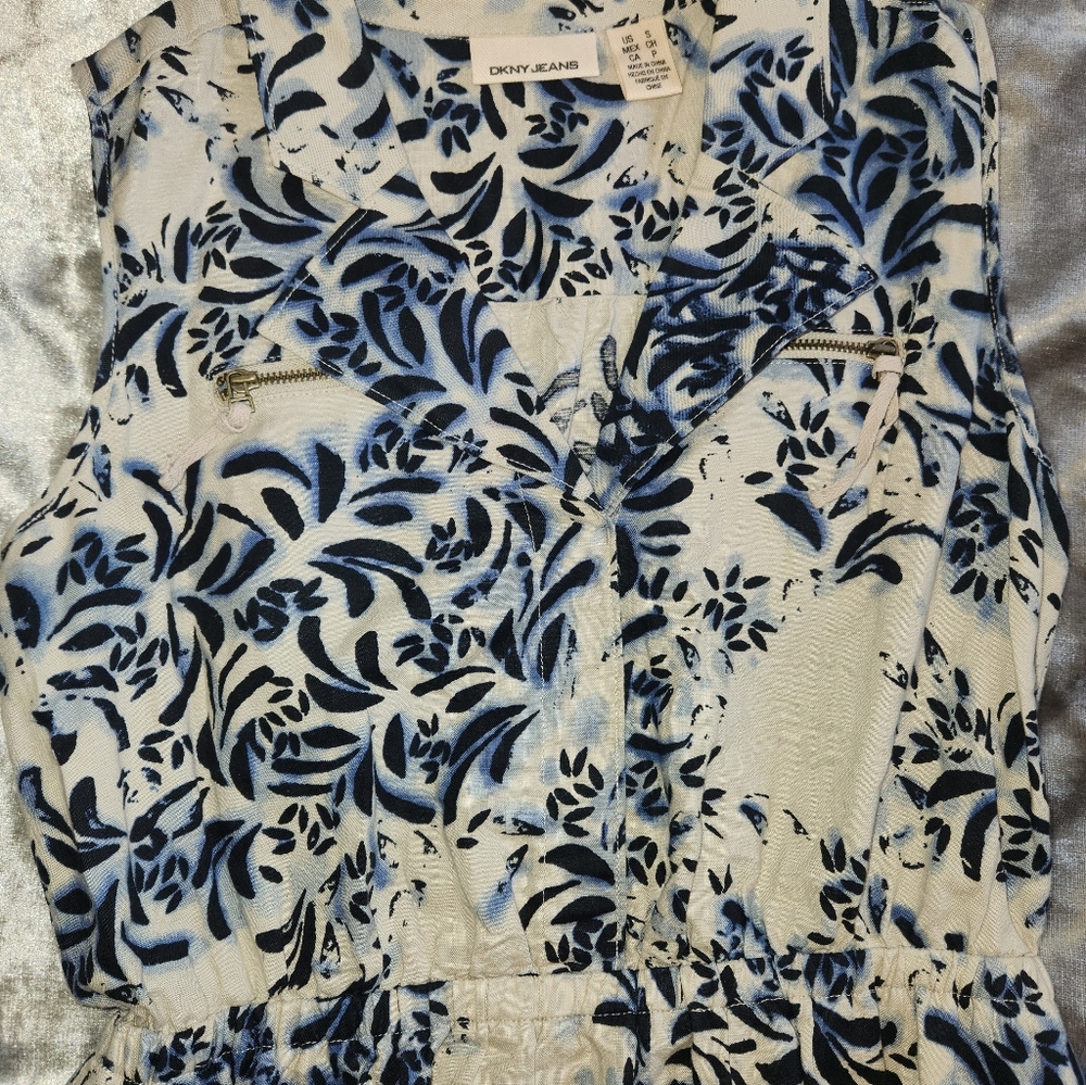 S NEW DKNY Cream Linen Blue Floral, Sleeveless,Collar,Pockets,Luxurious,Designer - Picture 3 of 6